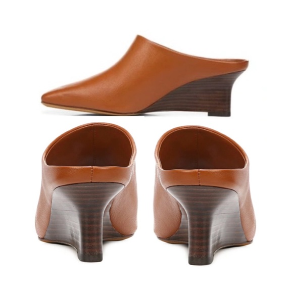Vince Leather Benita Square Toe Slip On Clog Wedge Heel Pumps (Rust Amber) - Picture 4 of 16